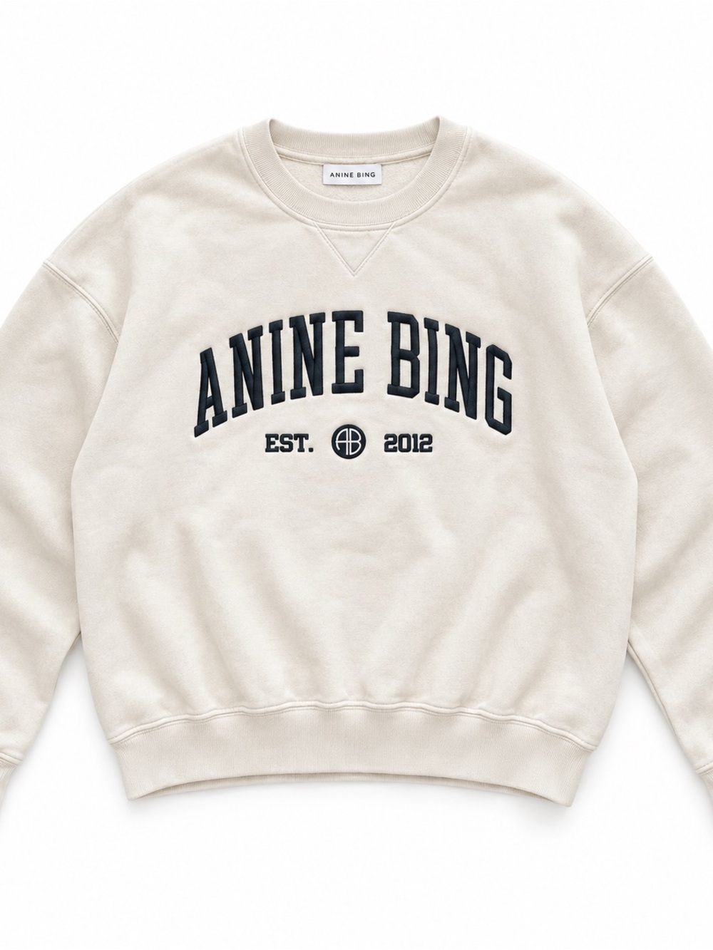 Anine Bing Cream Crewneck Sweatshirt with Navy Logo